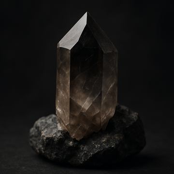 煙水晶（スモーキークォーツ）の標本図（AI生成・通常光）